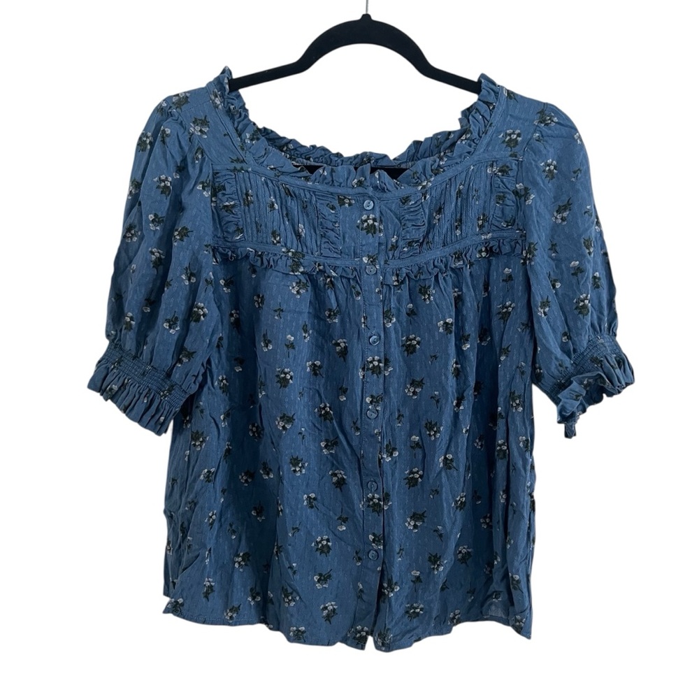 Me By Jennie Garth Floral Blue Women's Flowy Top Ruffle Square Neck XS GUC